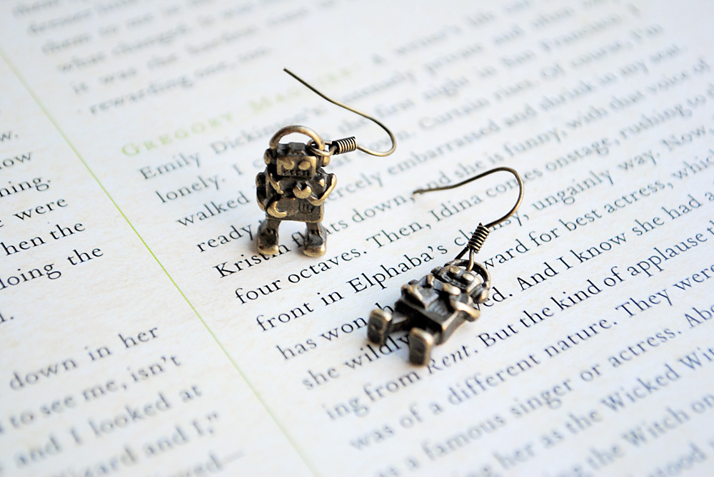 Robot Earrings, Dangle, Antique Gold, Geekery, Cute