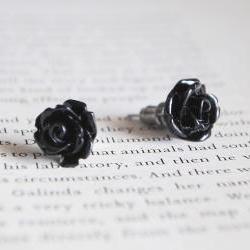 Black Rose Stud Earrings, Nickel Free, Flower
