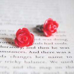 Red Rose Stud Earrings, Nickel Free, Flower
